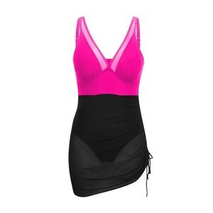 Mesh Ruched Swimdress One Piece Hot Pink Black Women Plus Size XXL NWOT